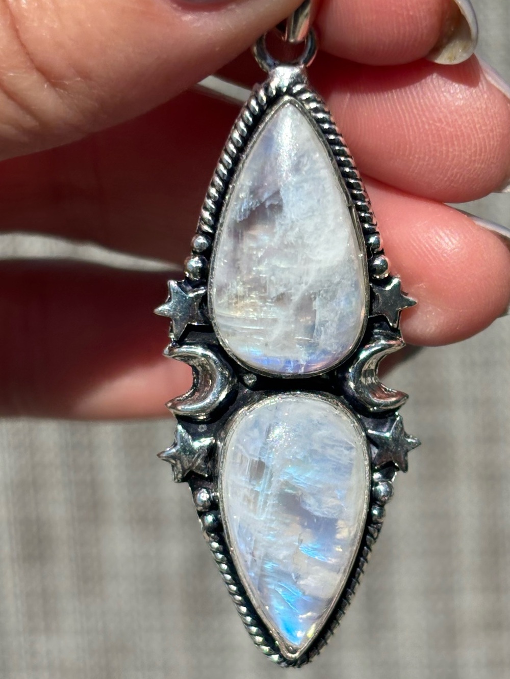 Sterling Silver Moonstone Double Teardrop Celestial Pendant